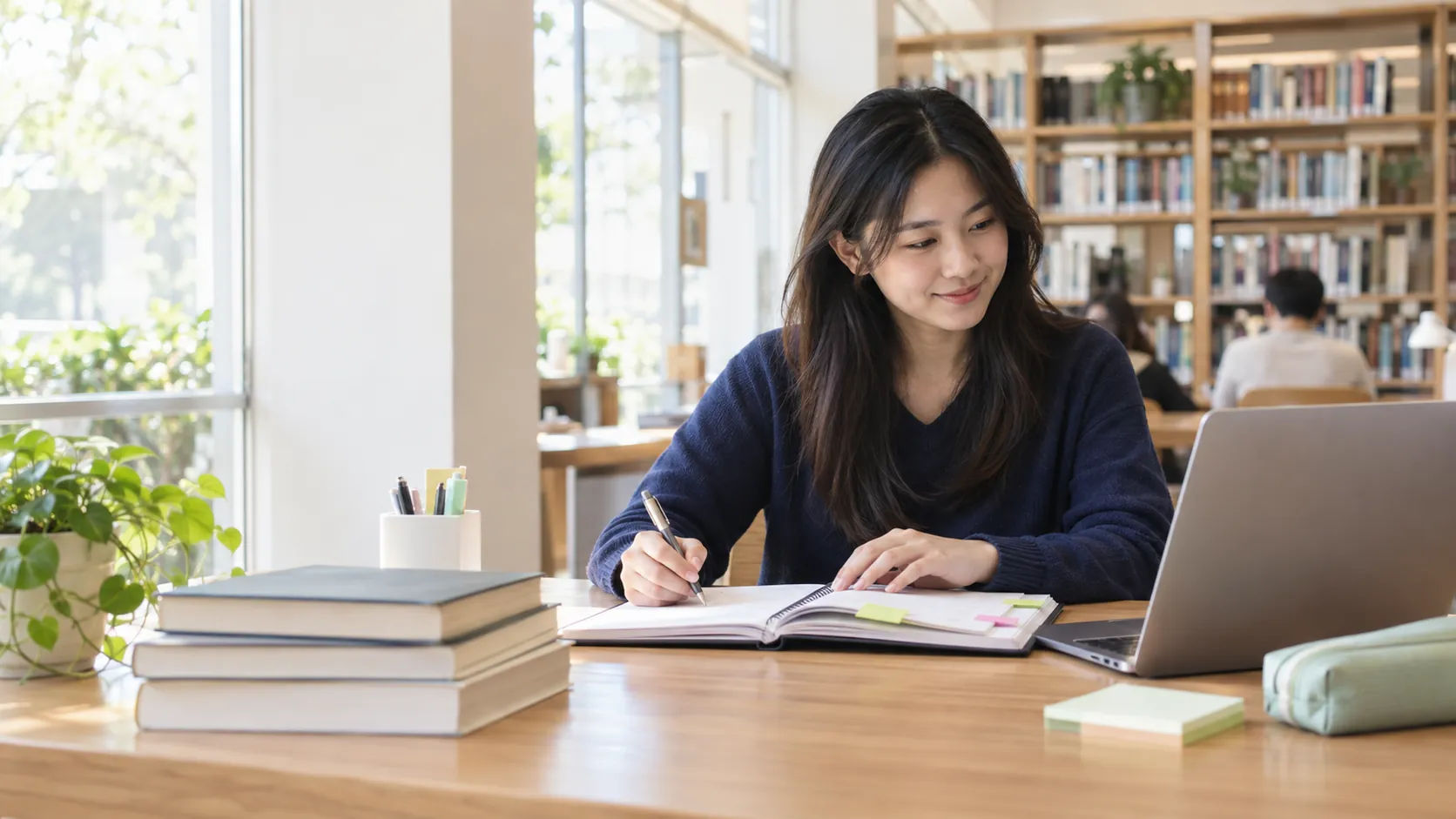 Sinh viên ghi chú và tra cứu tài liệu học tập trong thư viện